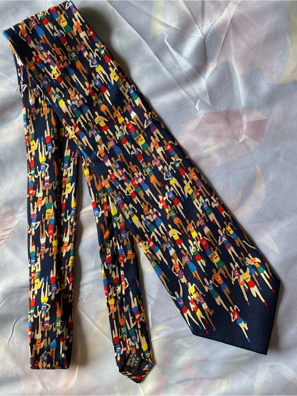 Alynn Neckwear 100% Silk Marathon Print Tie in Navy with Multicolor Figures